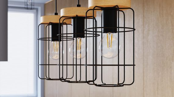 Miniaturka 6 - Czarna metalowa lampa wisząca z drewnianym wykończeniem, styl loftowy