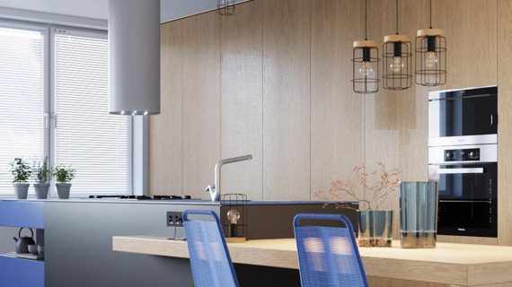 Miniaturka 5 - Nowoczesna kuchnia z drewnianą zabudową i lampami industrialnymi