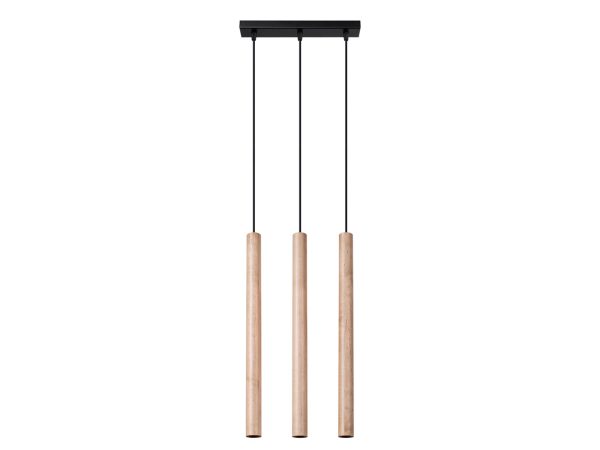 Nowoczesna lampa sufitowa z trzema drewnianymi cylindrami