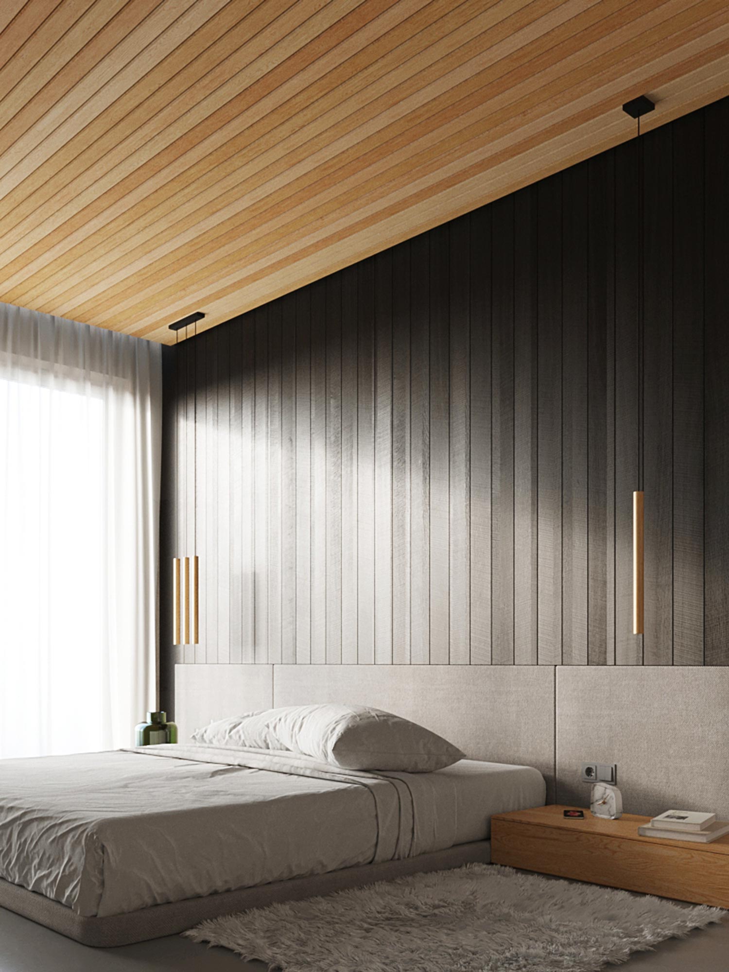 Jasna sypialnia z pionową lampą i panelami z drewna Jasna sypialnia z pionową lampą i panelami z drewna