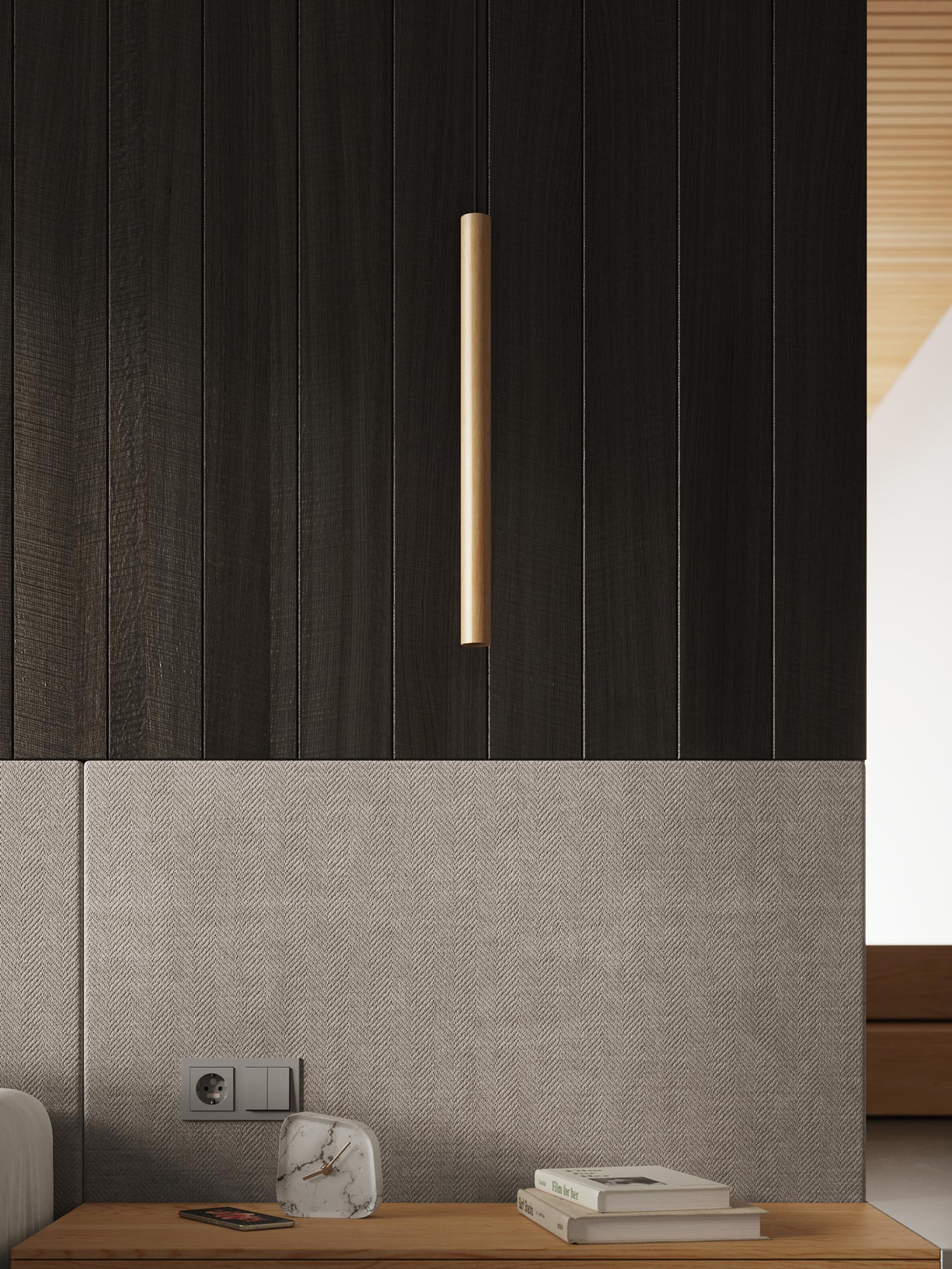 Ciemna zabudowa ścienna z pionową lampą z drewna, styl nowoczesny Ciemna zabudowa ścienna z pionową lampą z drewna, styl nowoczesny