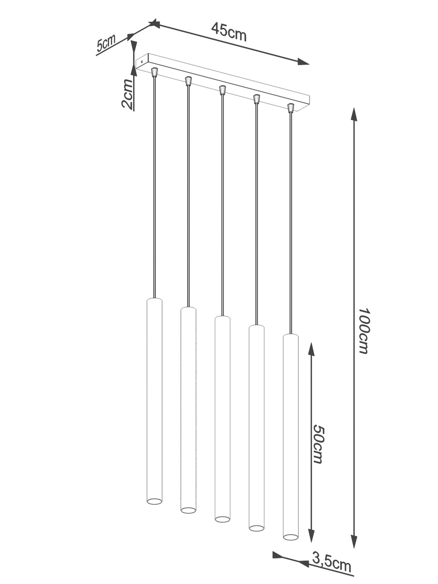 Rysunek techniczny pięciopunktowej lampy wiszącej LED Rysunek techniczny pięciopunktowej lampy wiszącej LED