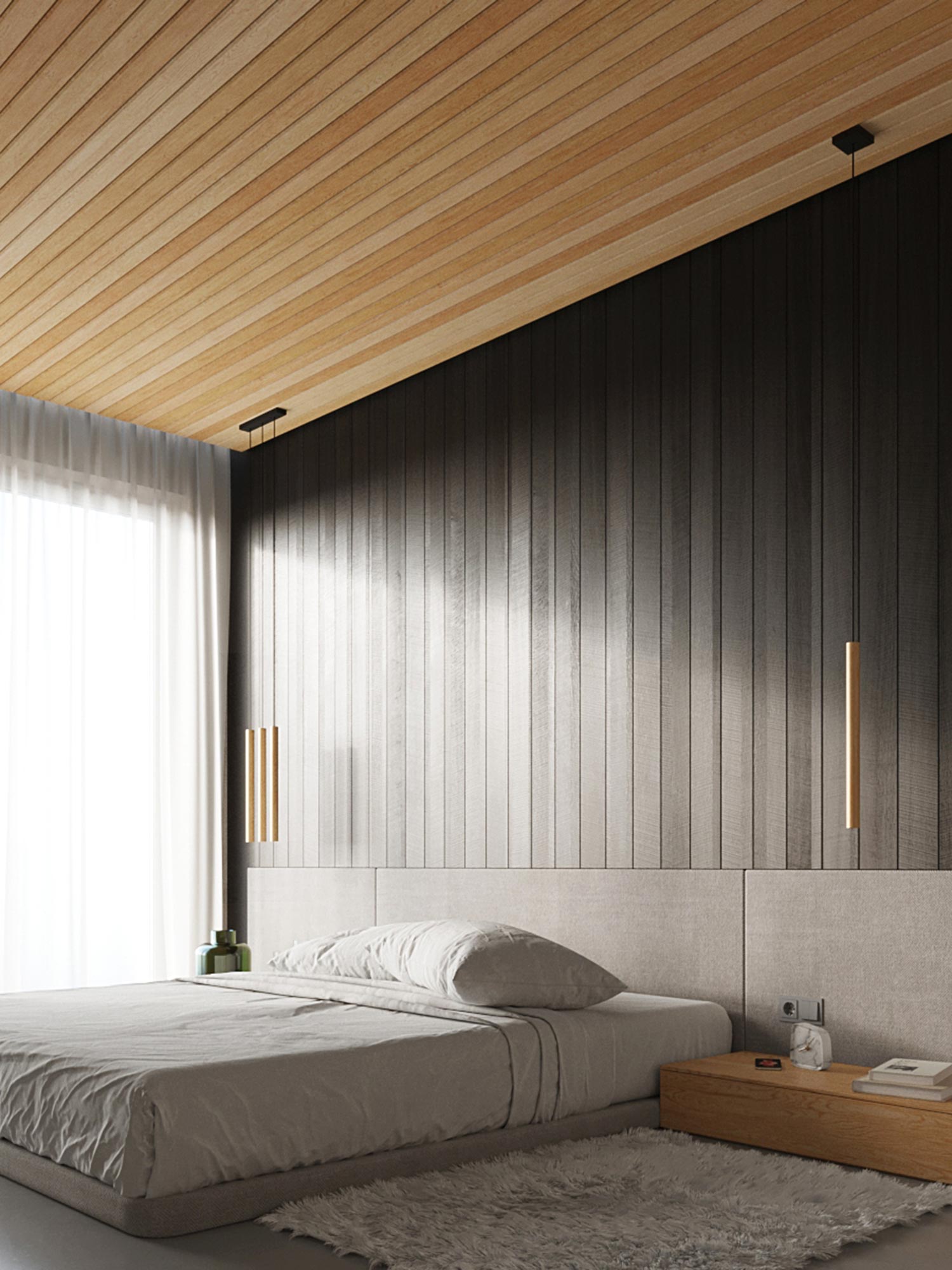 Jasna sypialnia z drewnianym sufitem i minimalistyczną aranżacją Jasna sypialnia z drewnianym sufitem i minimalistyczną aranżacją