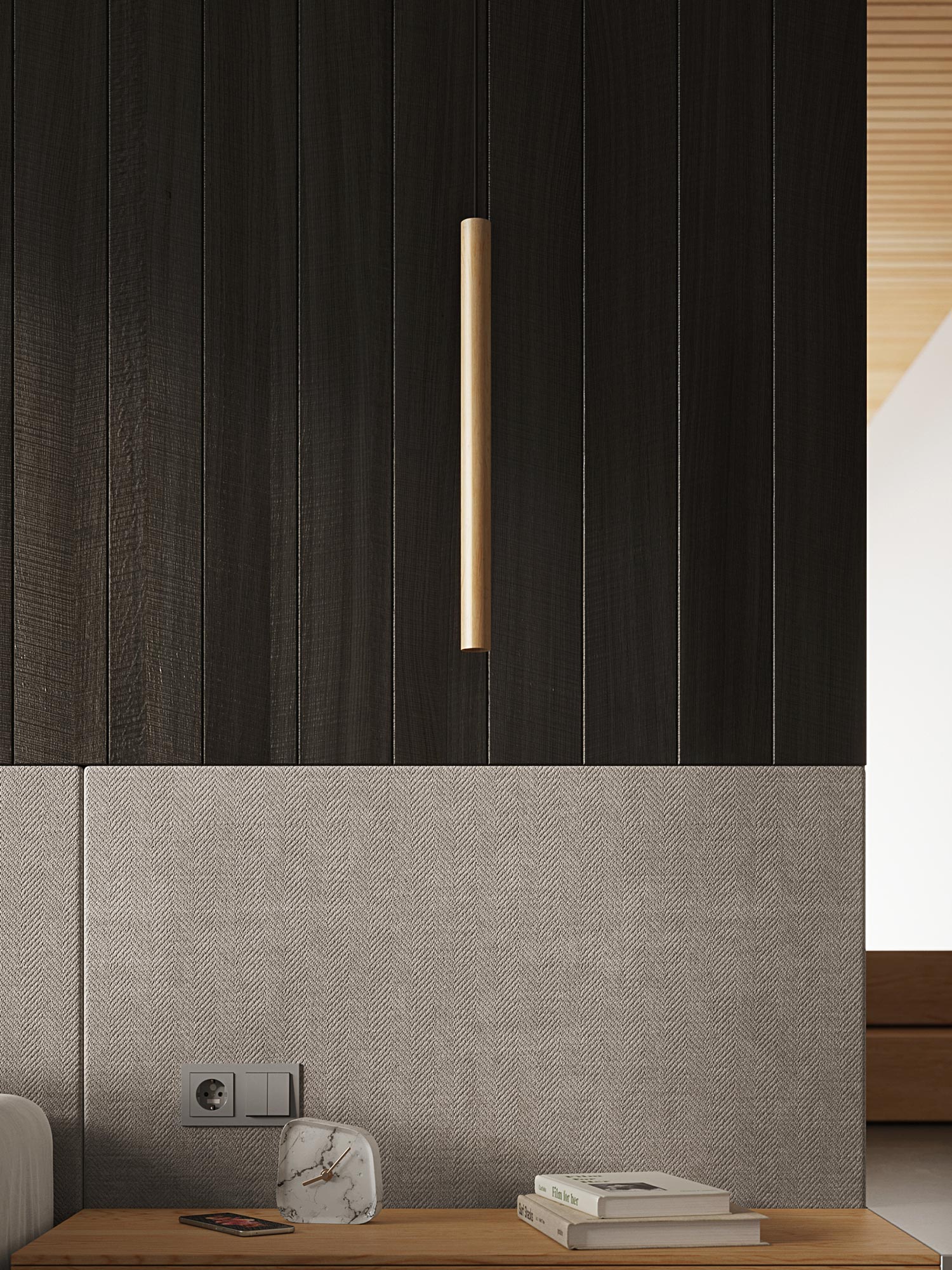 Zabudowa z pionową lampą LED w eleganckiej sypialni Zabudowa z pionową lampą LED w eleganckiej sypialni