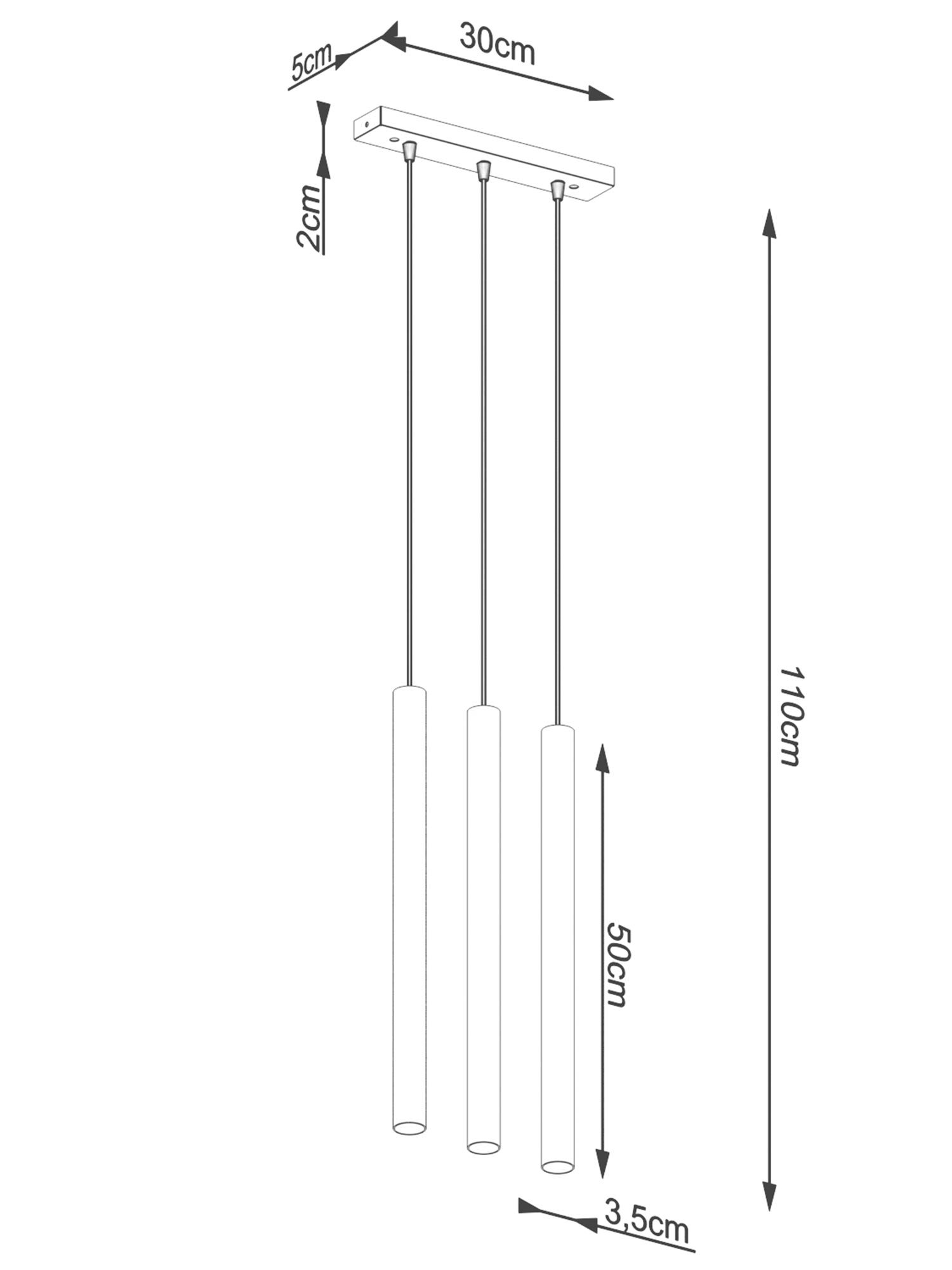 Techniczny rysunek lampy LED z trzema zwisami betonowymi Techniczny rysunek lampy LED z trzema zwisami betonowymi