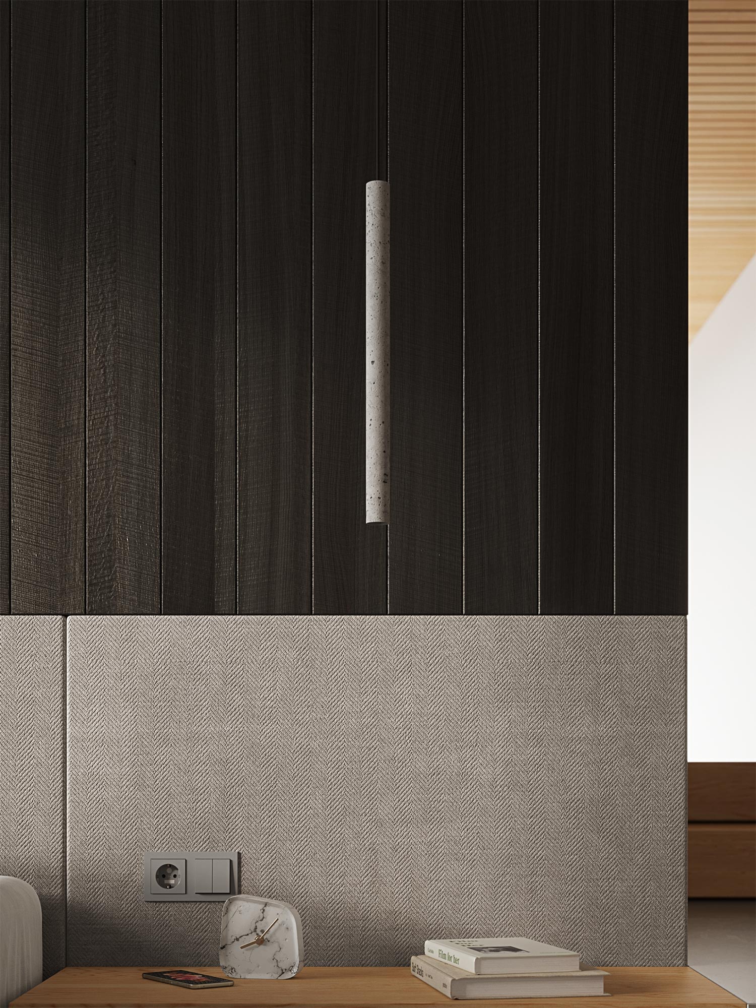 Zabudowa ścienna z pionową lampą LED w nowoczesnej sypialni Zabudowa ścienna z pionową lampą LED w nowoczesnej sypialni