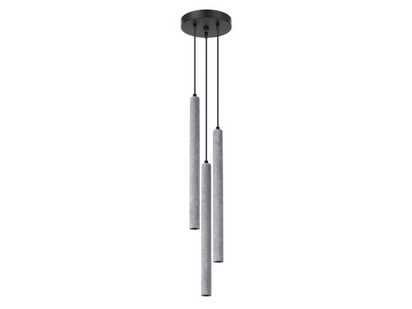Lampa wisząca LED z czarną podsufitką i betonowymi zwisami