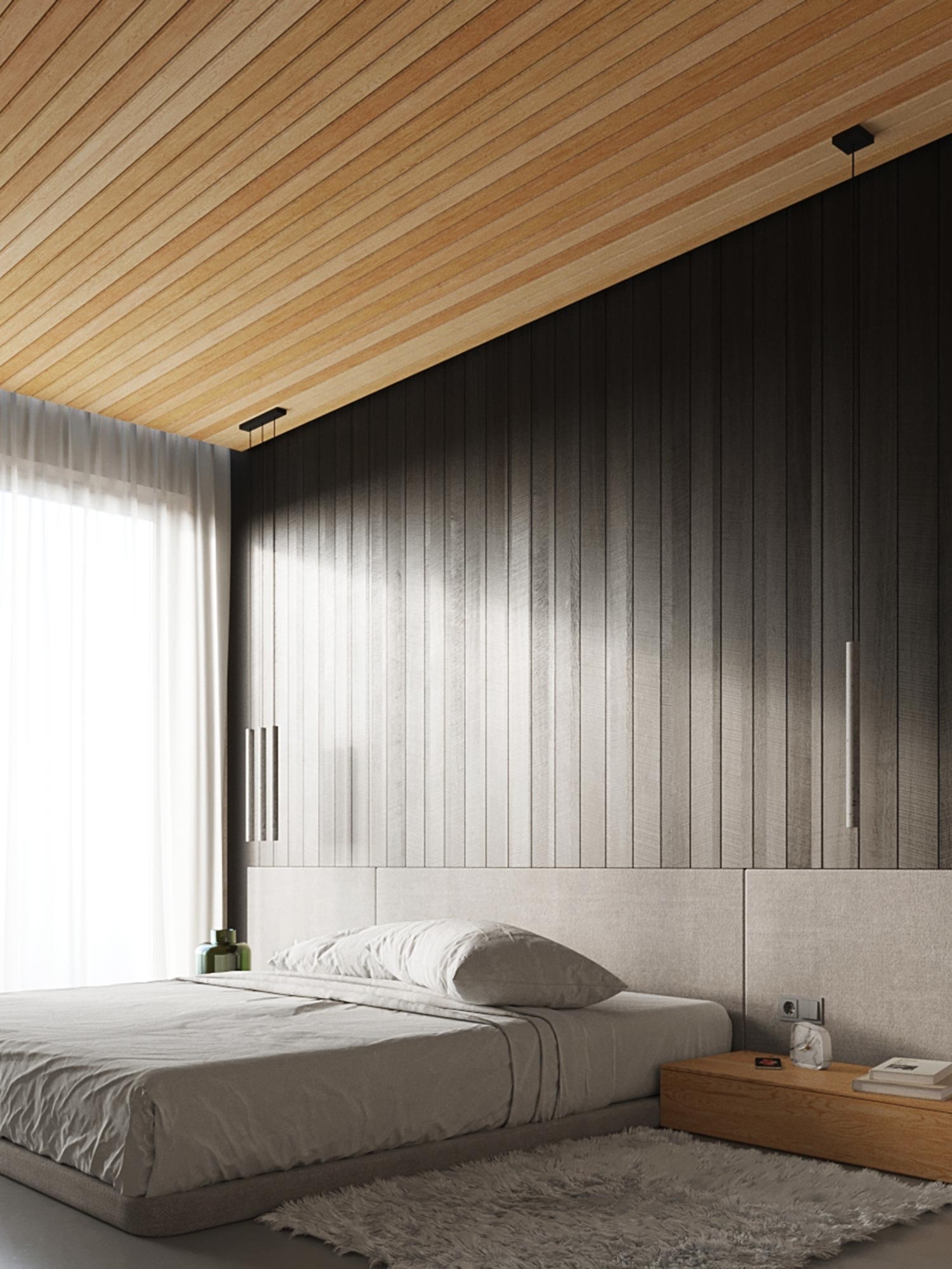 Drewniany sufit i ciemne panele w eleganckiej sypialni, styl nowoczesny