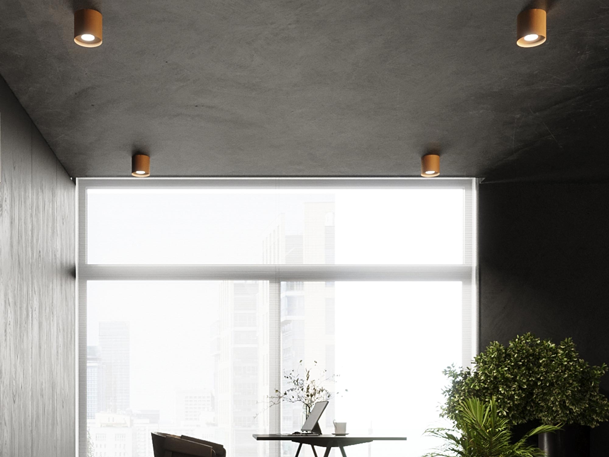 Nowoczesne biuro z czarnym sufitem i złotymi lampami LED Nowoczesne biuro z czarnym sufitem i złotymi lampami LED