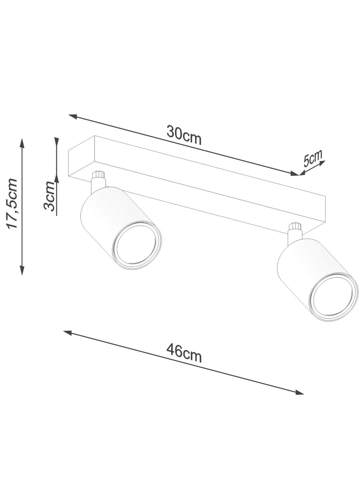 Techniczny szkic oprawy o długości 46 cm z dwoma reflektorami