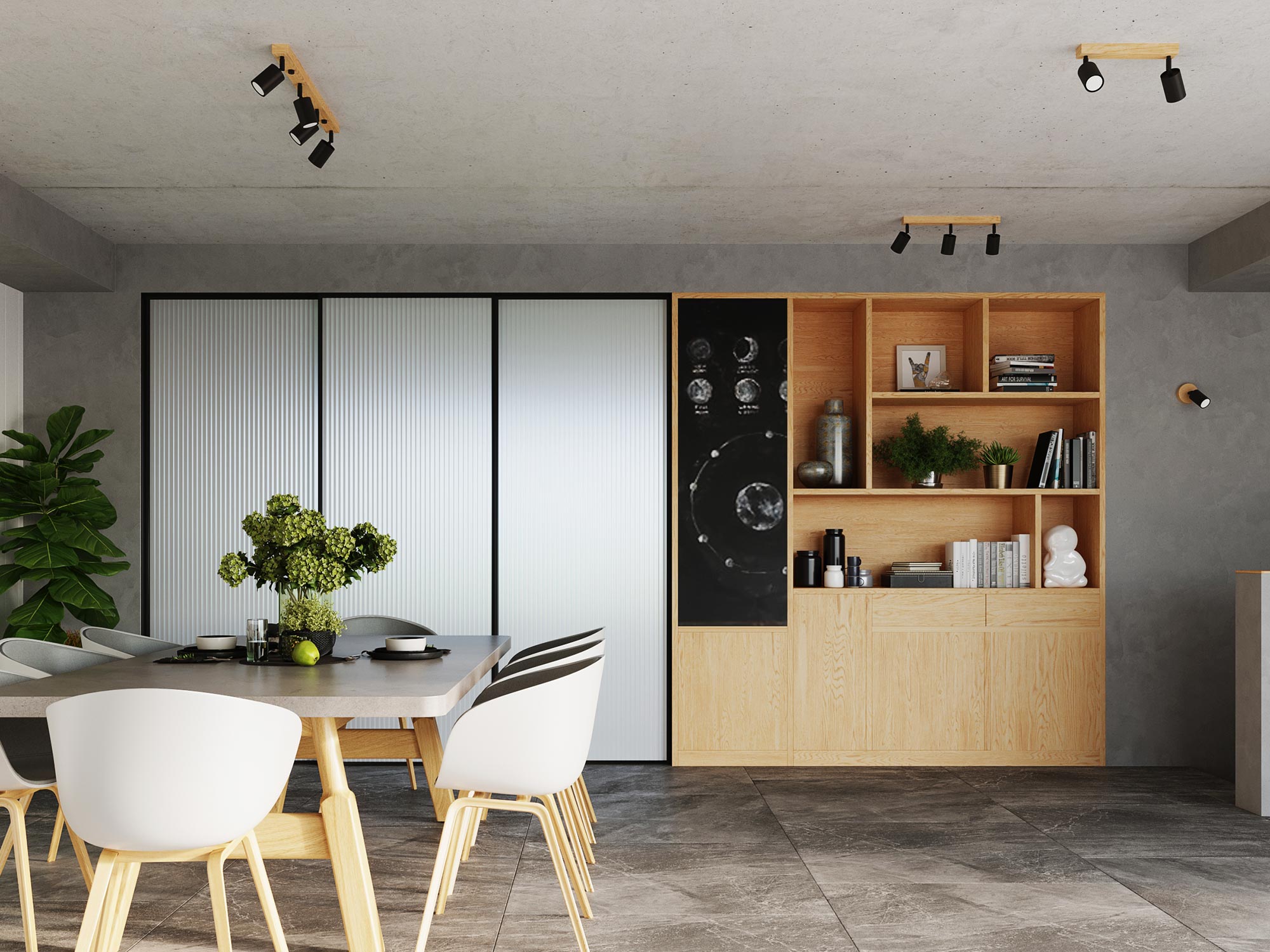 Drewniana oprawa z trzema czarnymi reflektorami i białymi żarówkami