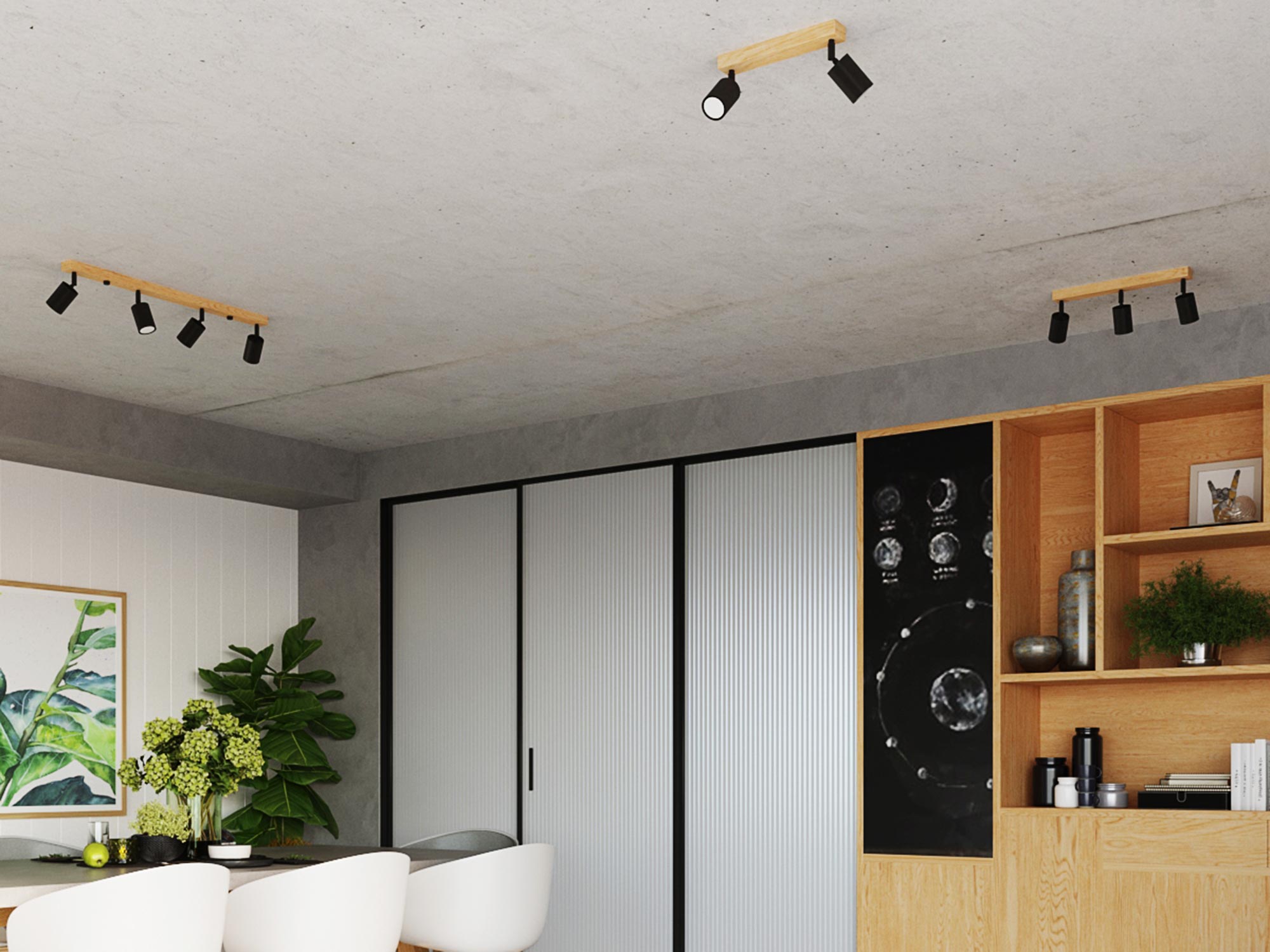 Minimalistyczna listwa świetlna z trzema punktami światła na tle szarym