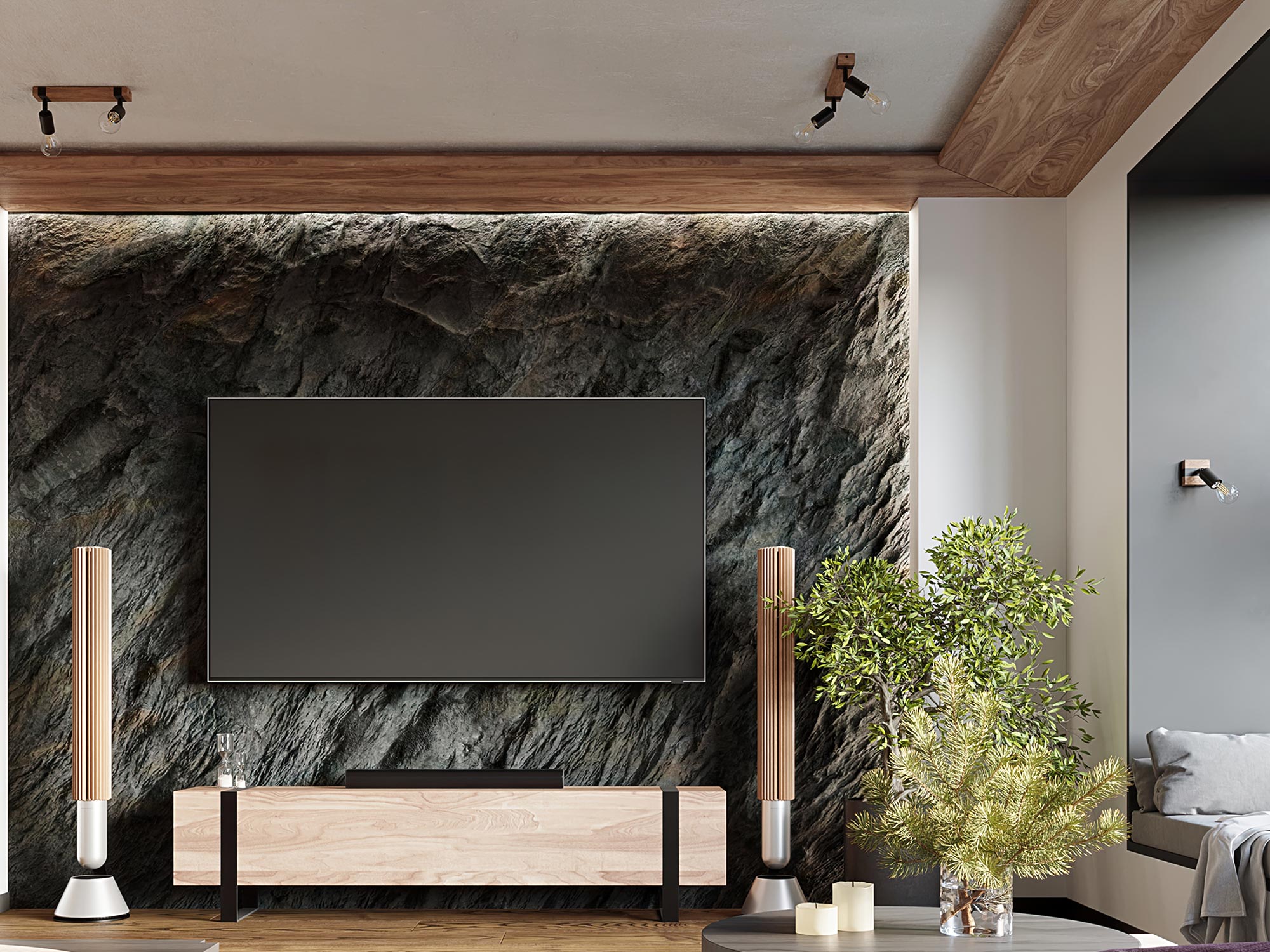 Pokój dzienny z nowoczesną ścianą TV i minimalistyczną lampą Pokój dzienny z nowoczesną ścianą TV i minimalistyczną lampą