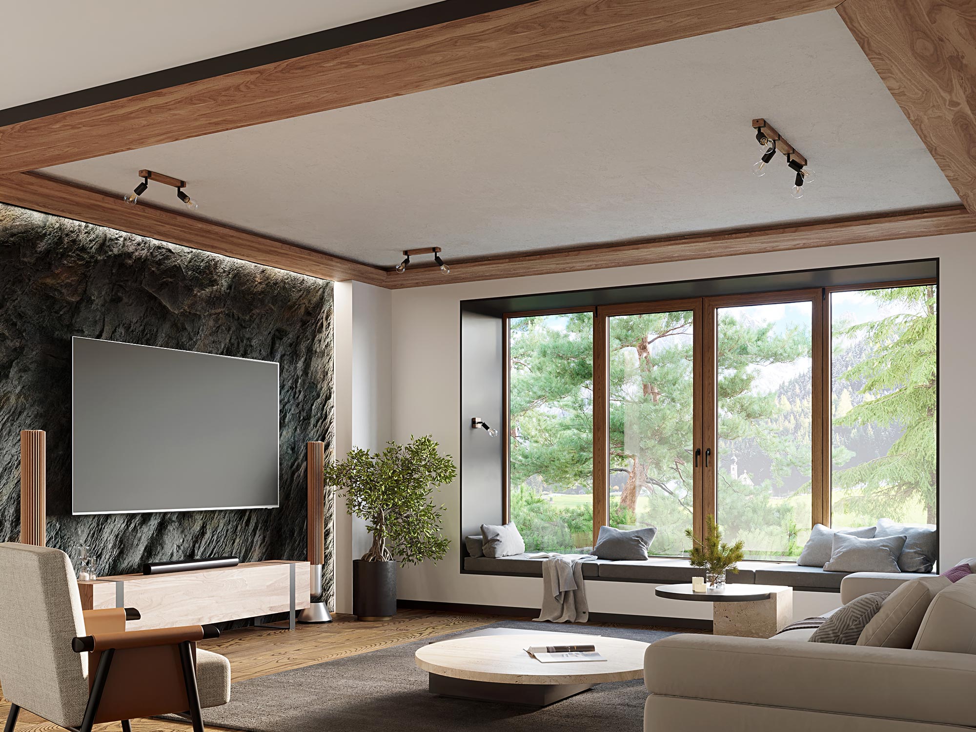 Salon z jasną podłogą i oświetleniem punktowym na suficie Salon z jasną podłogą i oświetleniem punktowym na suficie