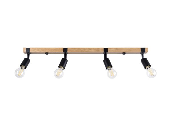 Lampa sufitowa z drewnianą belką i czterema żarówkami typu Edison
