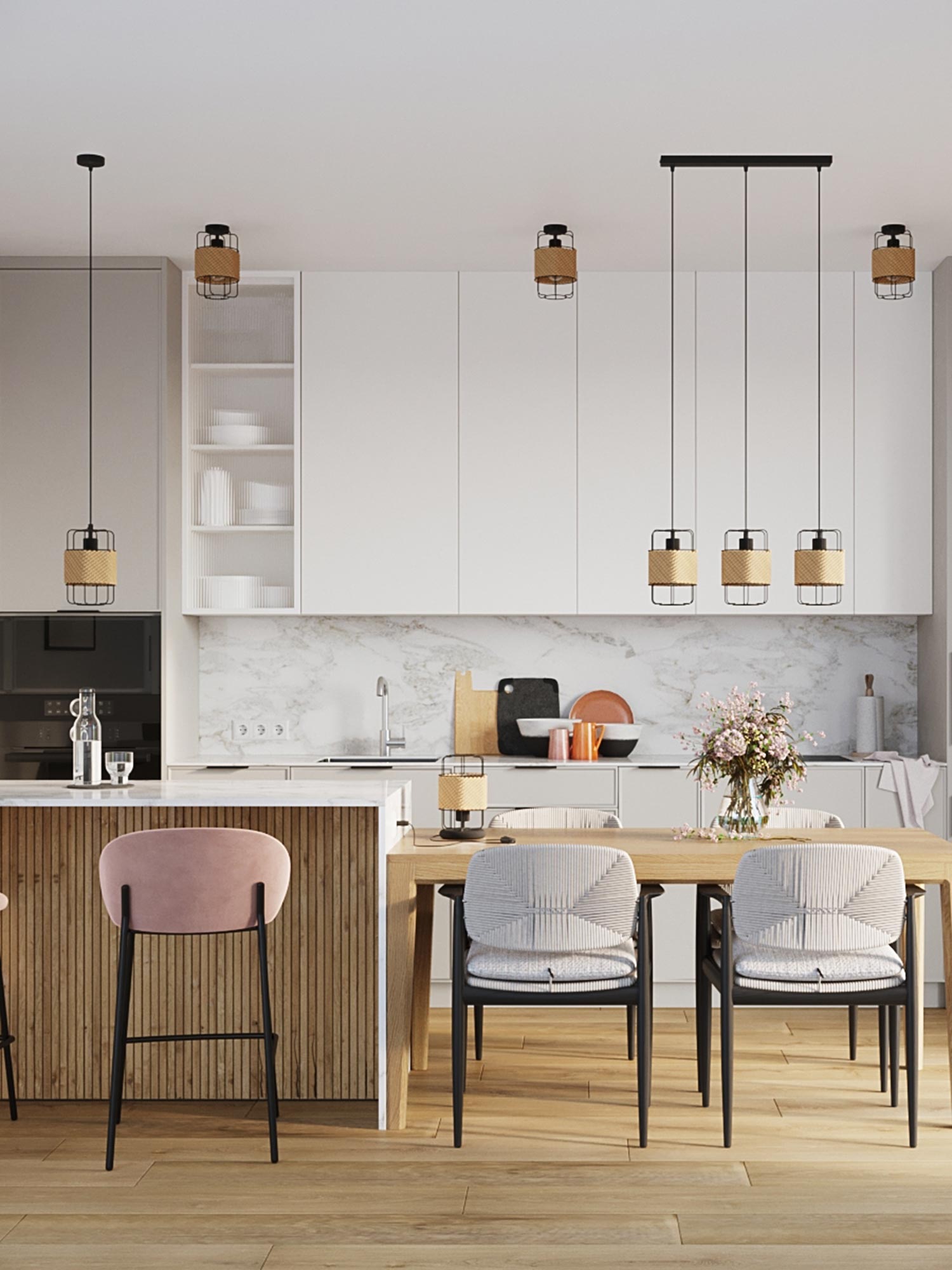 Wyspa kuchenna z czarnymi i beżowymi lampami plecionymi Wyspa kuchenna z czarnymi i beżowymi lampami plecionymi