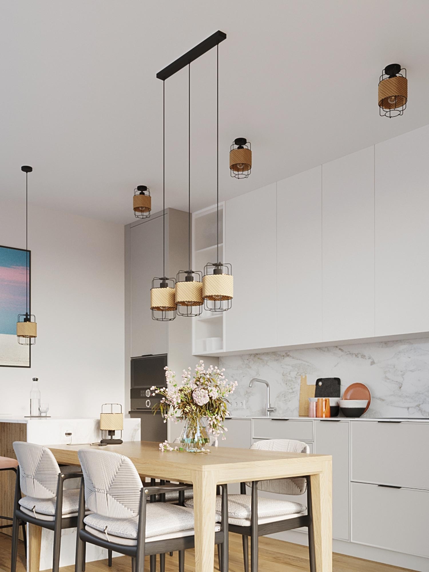 Nowoczesna kuchnia z kompletem lamp z kloszem z juty Nowoczesna kuchnia z kompletem lamp z kloszem z juty