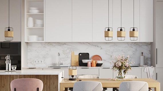Miniaturka 5 - Wnętrze kuchni z lampami plecionymi i marmurowym blatem