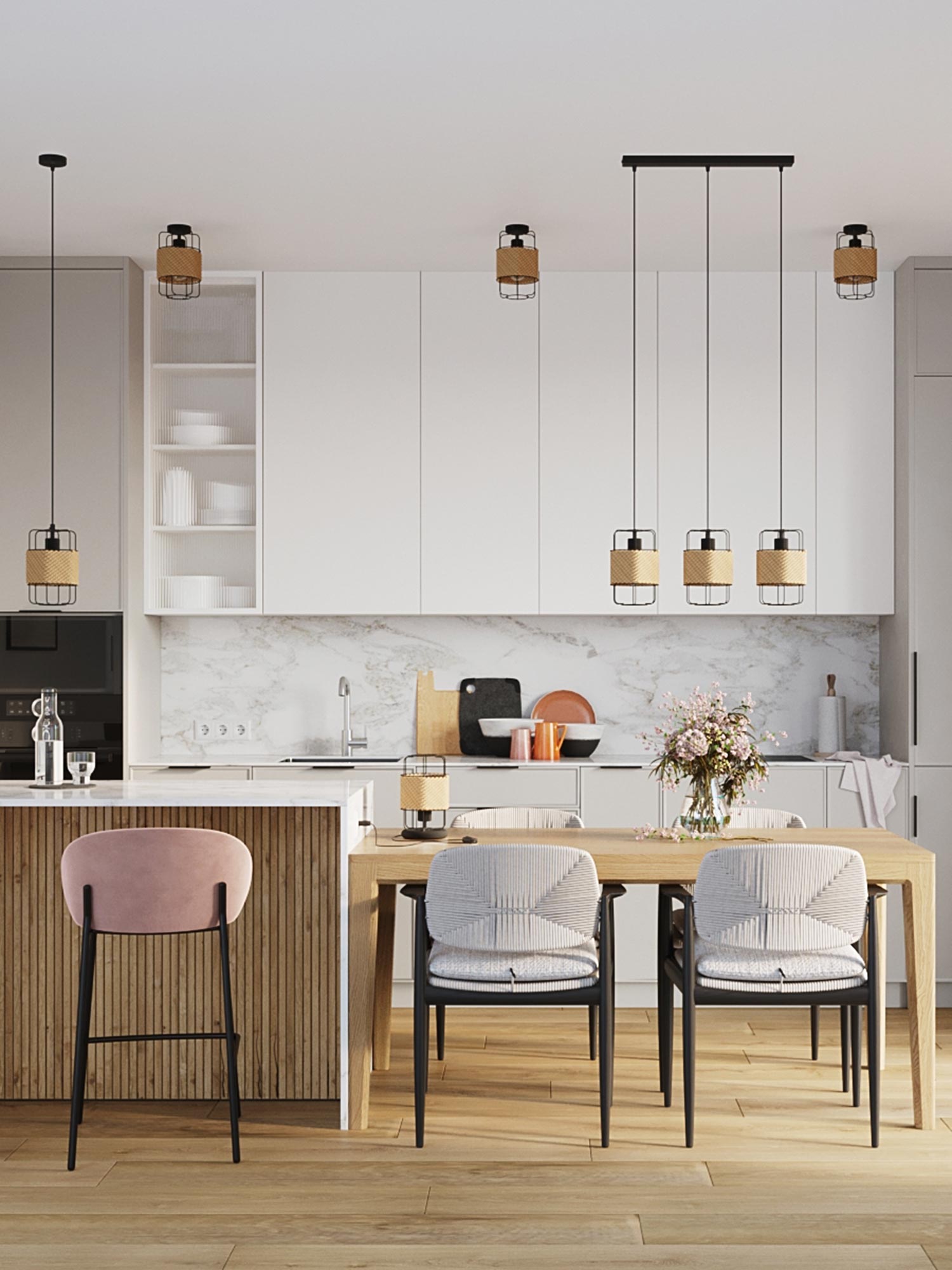 Wnętrze kuchni z lampami plecionymi i marmurowym blatem Wnętrze kuchni z lampami plecionymi i marmurowym blatem