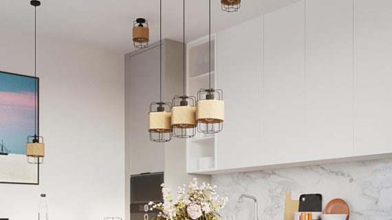 Miniaturka 6 - Trzy lampy wiszące z rattanu na jednej czarnej lince