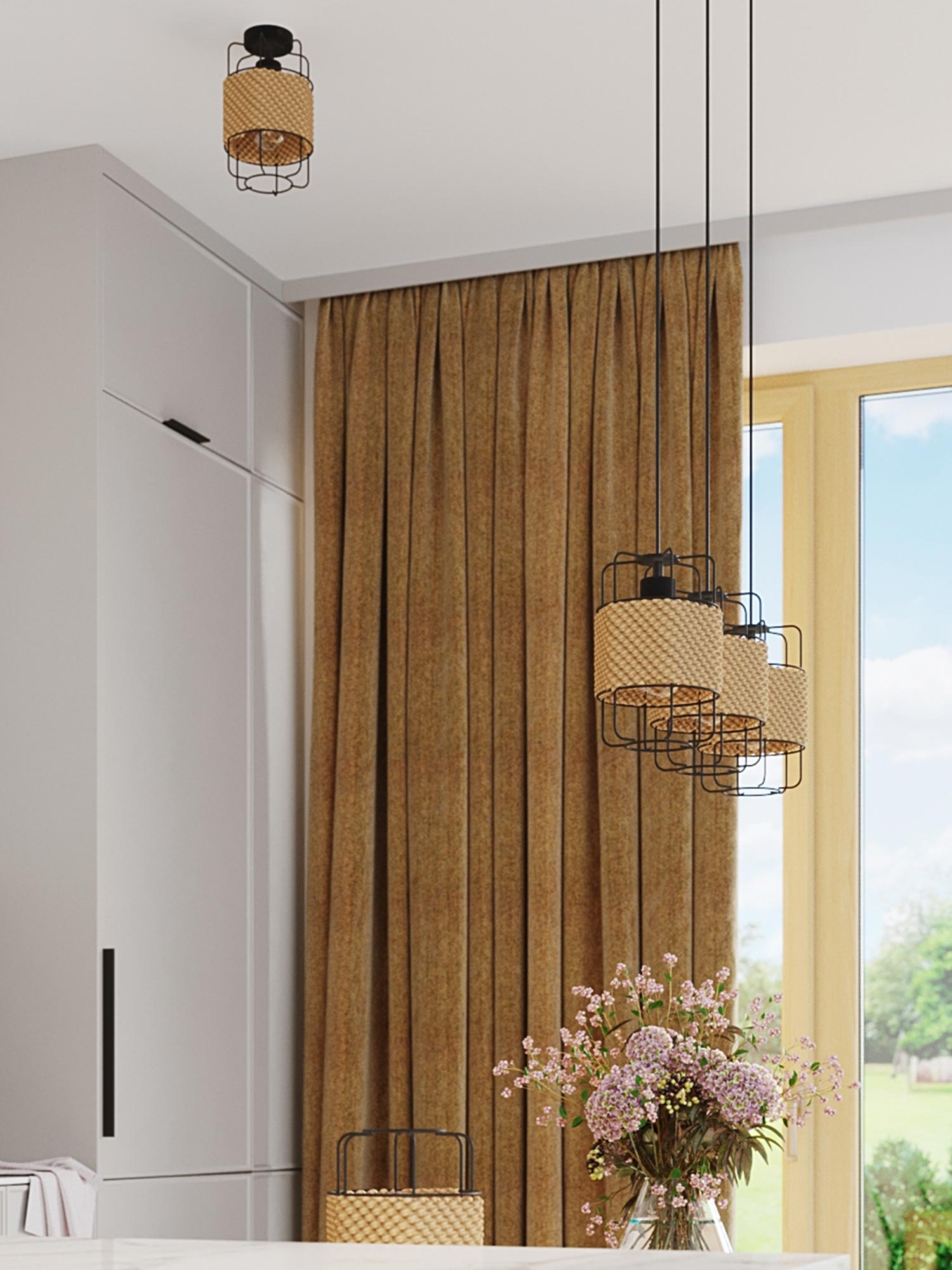 Trzy lampy plecione nad stołem w nowoczesnej kuchni Trzy lampy plecione nad stołem w nowoczesnej kuchni