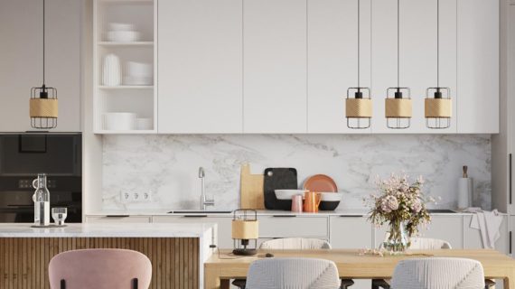 Miniaturka 4 - Kuchnia z wyspą i oświetleniem z naturalnym plecionym kloszem