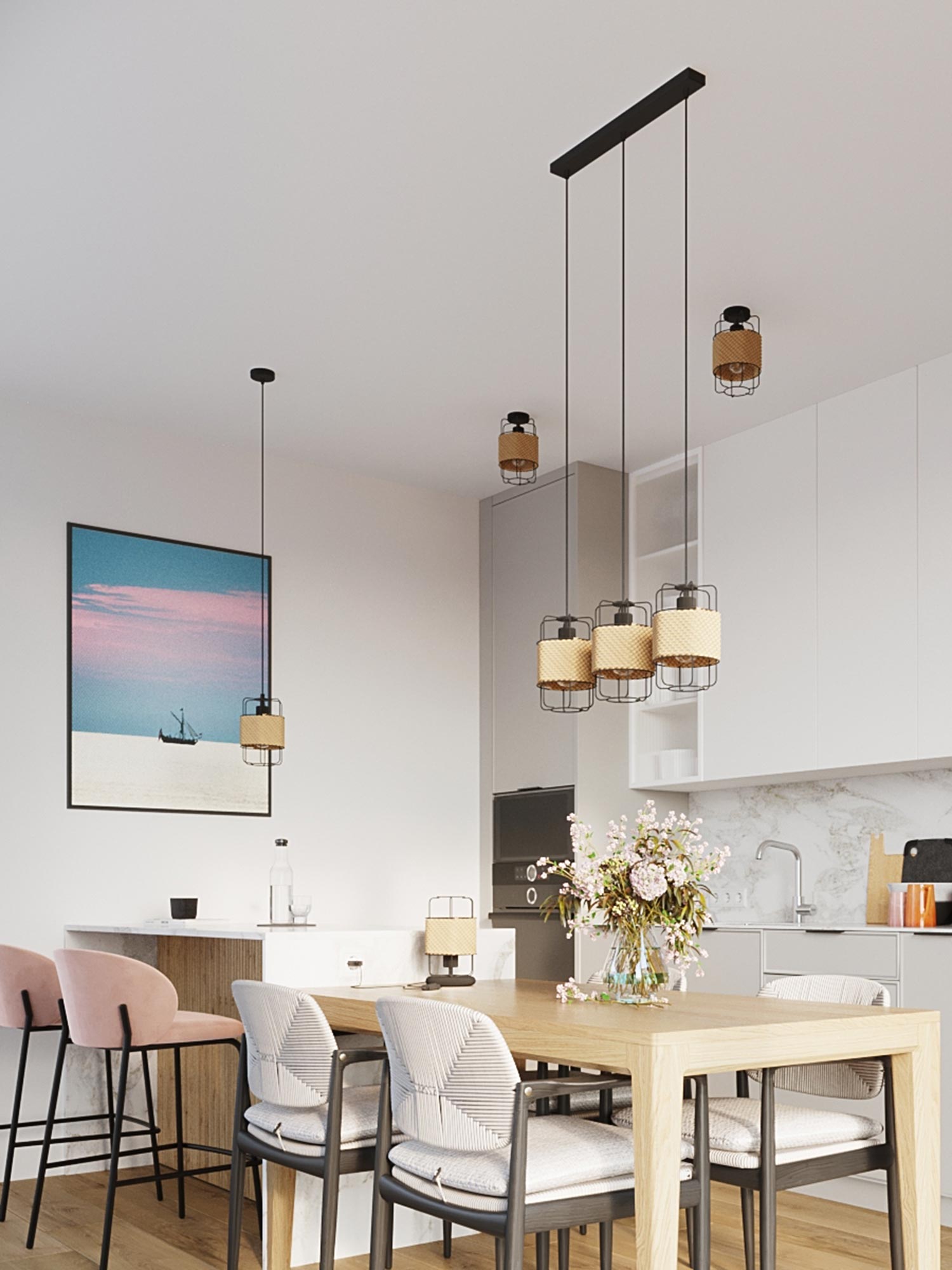 Nowoczesna jadalnia z sześcioma lampami z plecionym abażurem Nowoczesna jadalnia z sześcioma lampami z plecionym abażurem