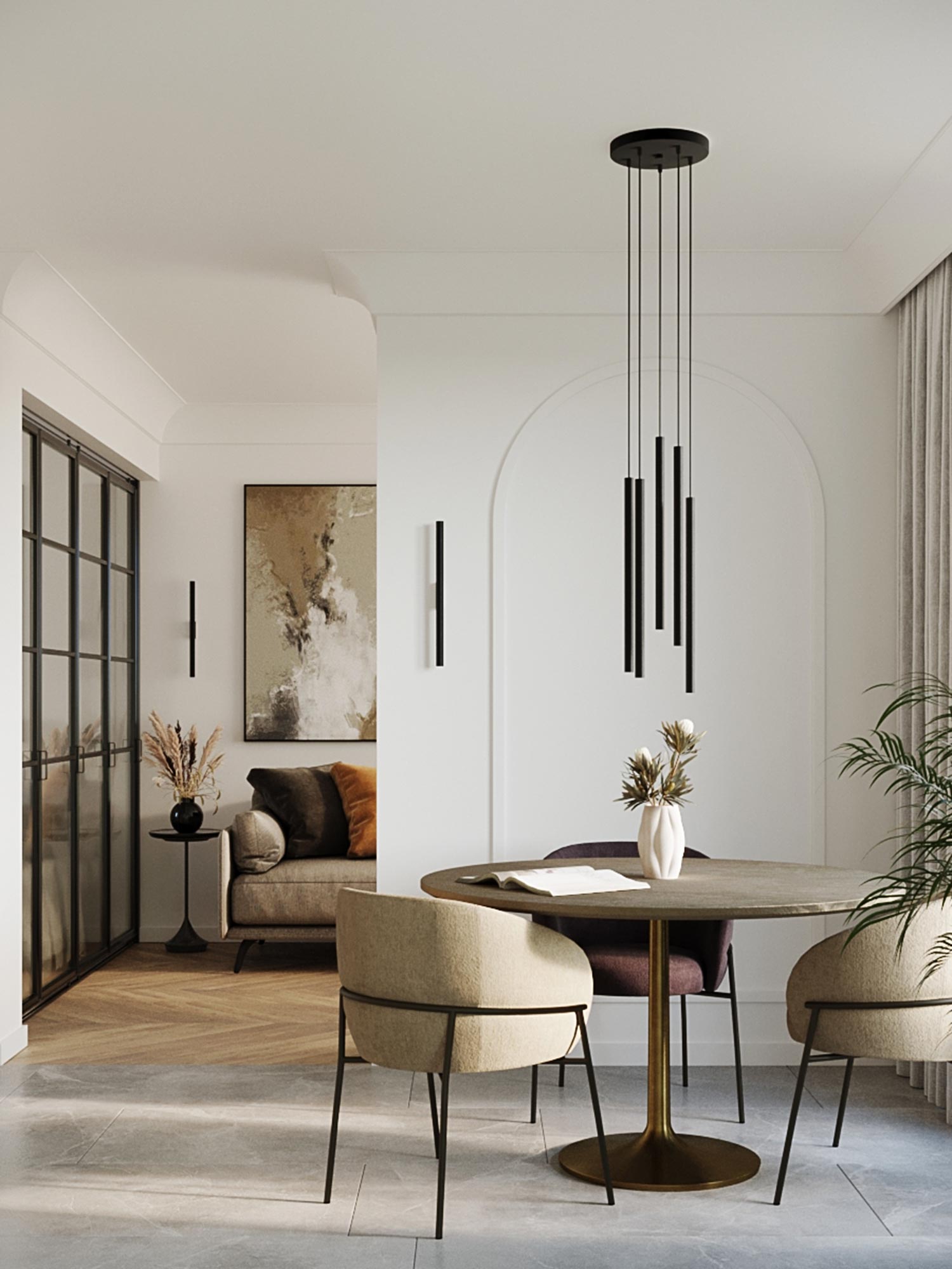 Czarne lampy sufitowe tubowe w eleganckim wnętrzu z zasłonami Czarne lampy sufitowe tubowe w eleganckim wnętrzu z zasłonami