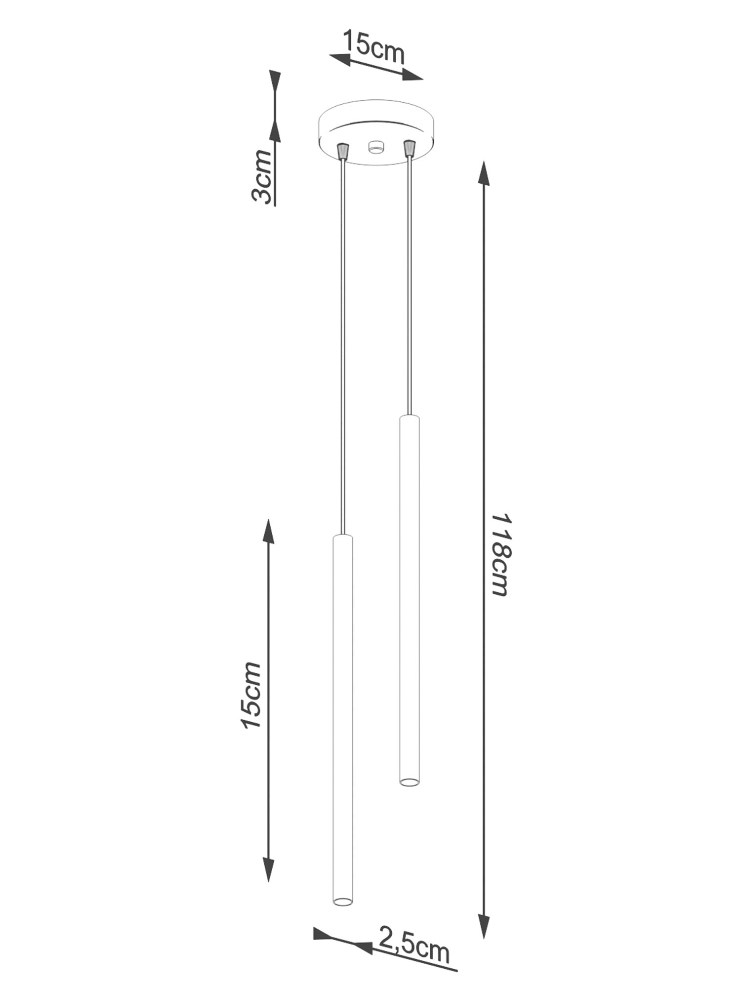 Techniczny rysunek długości złotej lampy wiszącej Techniczny rysunek długości złotej lampy wiszącej