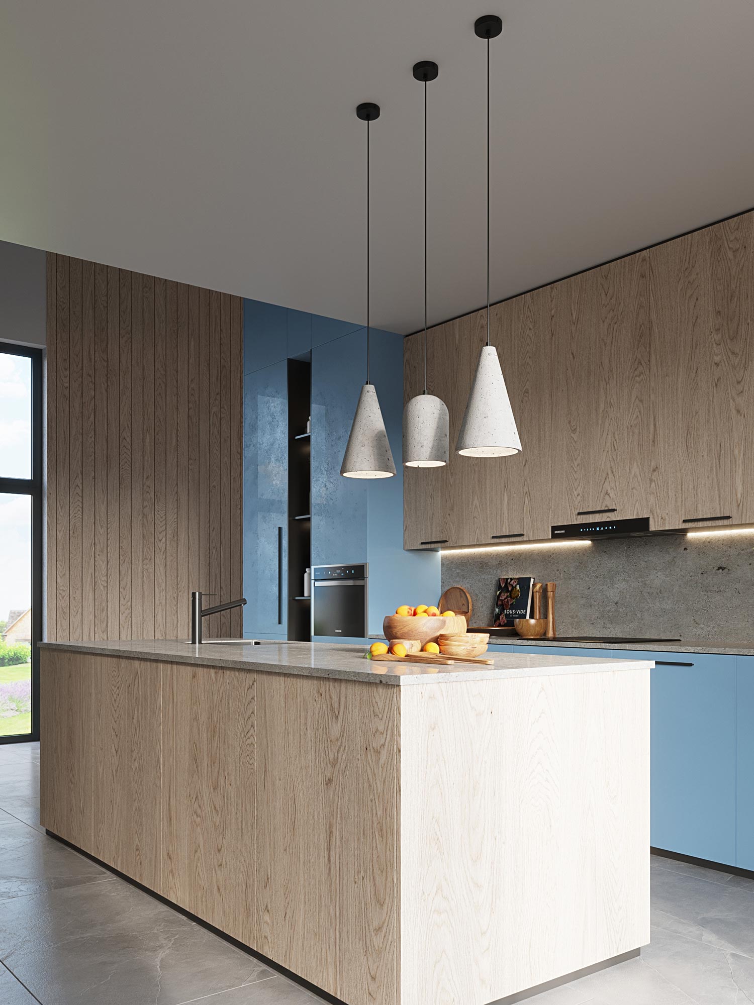 Nowoczesna kuchnia z trzema lampami z betonu architektonicznego Nowoczesna kuchnia z trzema lampami z betonu architektonicznego