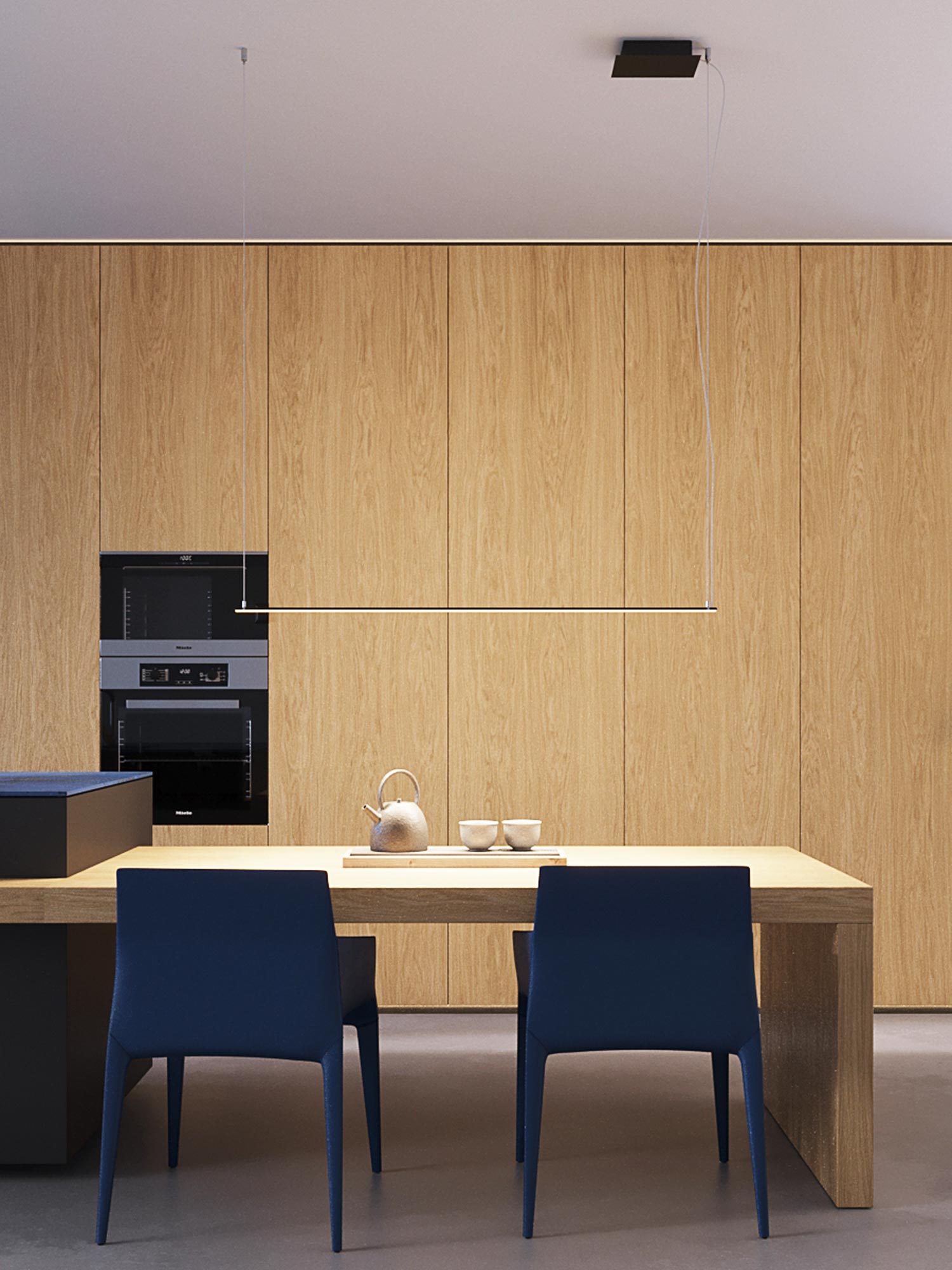 Drewniana kuchnia z minimalistyczną liniową lampą LED nad blatem Drewniana kuchnia z minimalistyczną liniową lampą LED nad blatem