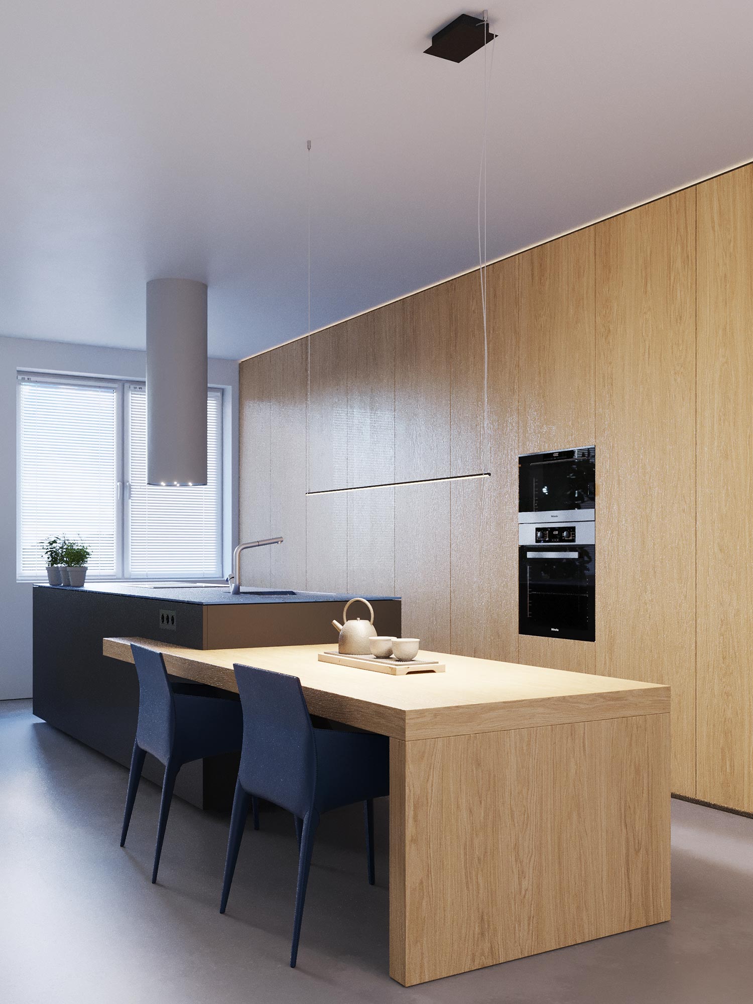 Jasna kuchnia z czarną lampą LED w stylu industrialnym Jasna kuchnia z czarną lampą LED w stylu industrialnym