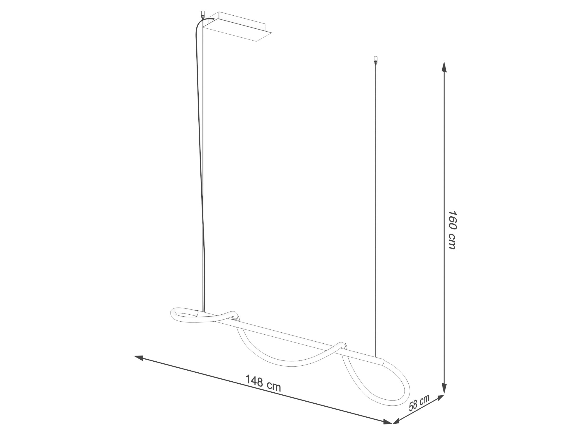 Schemat wymiarów lampy LED z białym przewodem i giętym profilem Schemat wymiarów lampy LED z białym przewodem i giętym profilem