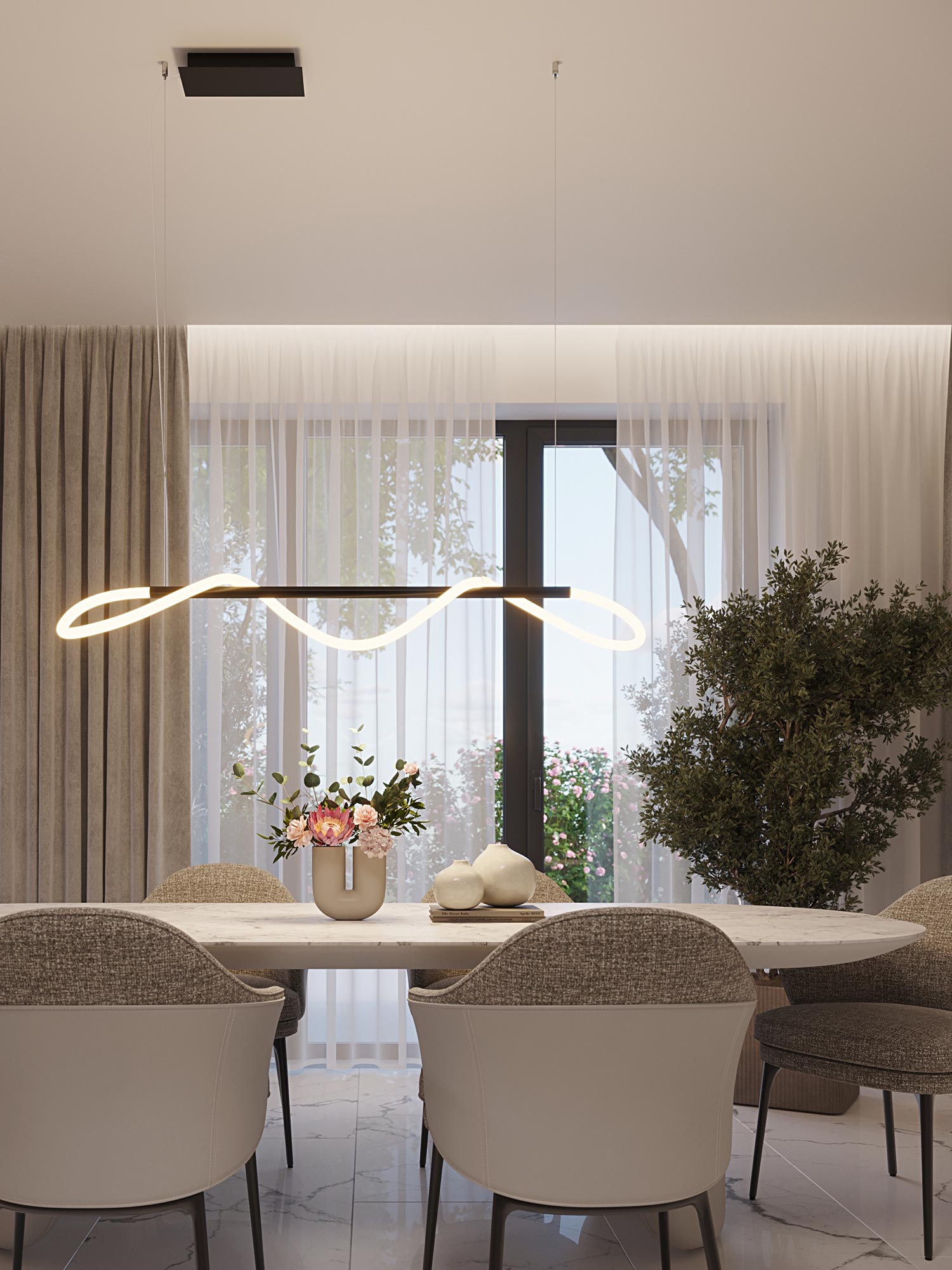 Lampa LED z podwójnym giętym profilem zawieszona nad stołem Lampa LED z podwójnym giętym profilem zawieszona nad stołem