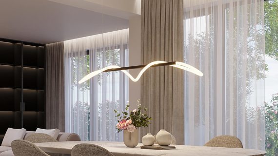 Miniaturka 9 - Designerska lampa LED nad stół z falowanym światłem w białym salonie