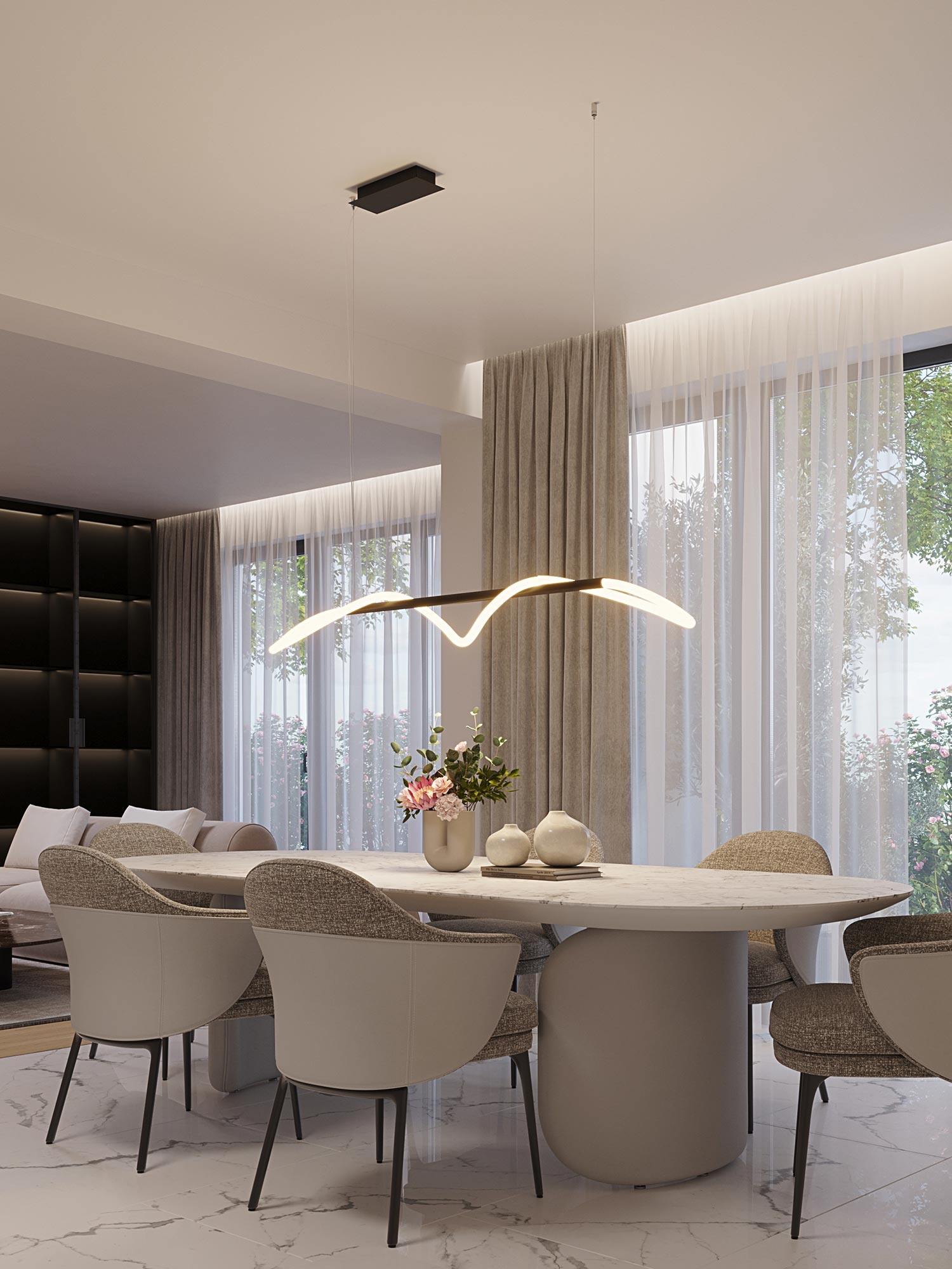 Designerska lampa LED nad stół z falowanym światłem w białym salonie Designerska lampa LED nad stół z falowanym światłem w białym salonie