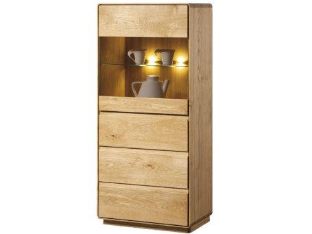 Nowoczesna witryna z szufladą i półkami LED, wykończenie dębowe