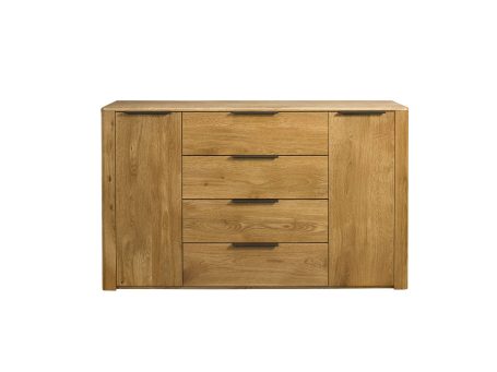 Drewniana komoda z szufladami i eleganckimi uchwytami