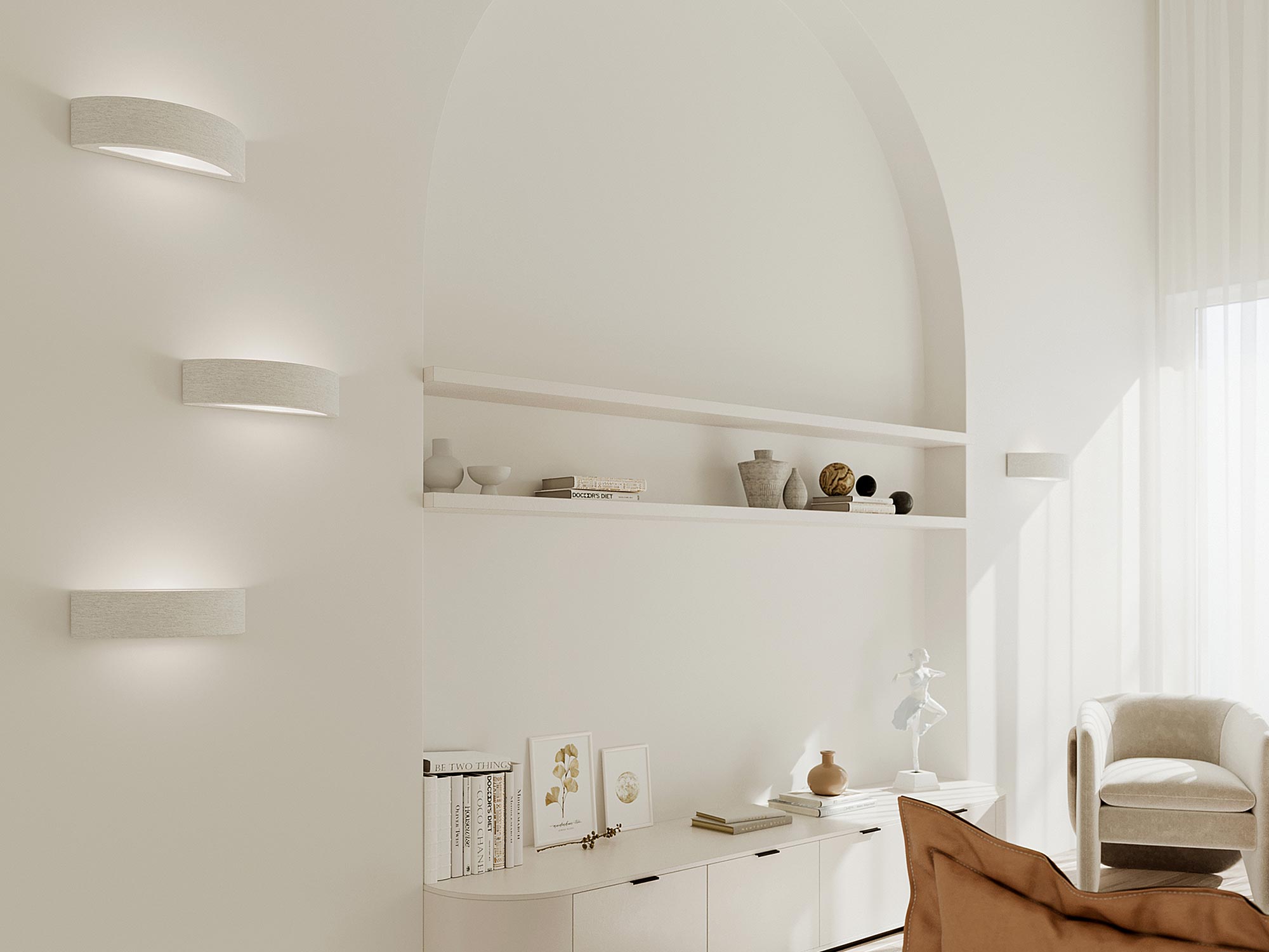 Białe półokrągłe kinkiety LED w aranżacji klasycznego salonu Białe półokrągłe kinkiety LED w aranżacji klasycznego salonu