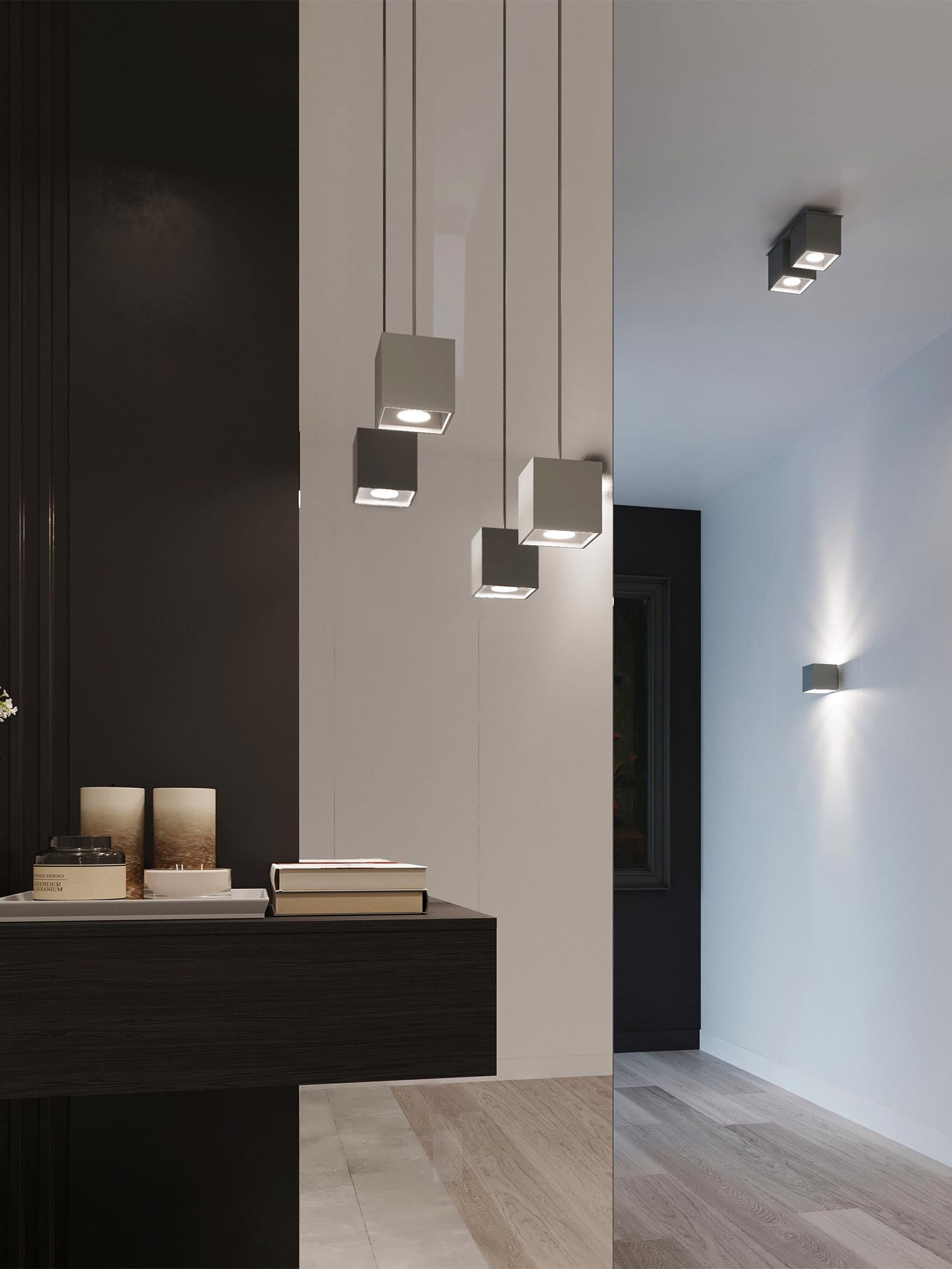 Dekoracyjne oświetlenie LED z wiszącymi sześciennymi kloszami Dekoracyjne oświetlenie LED z wiszącymi sześciennymi kloszami