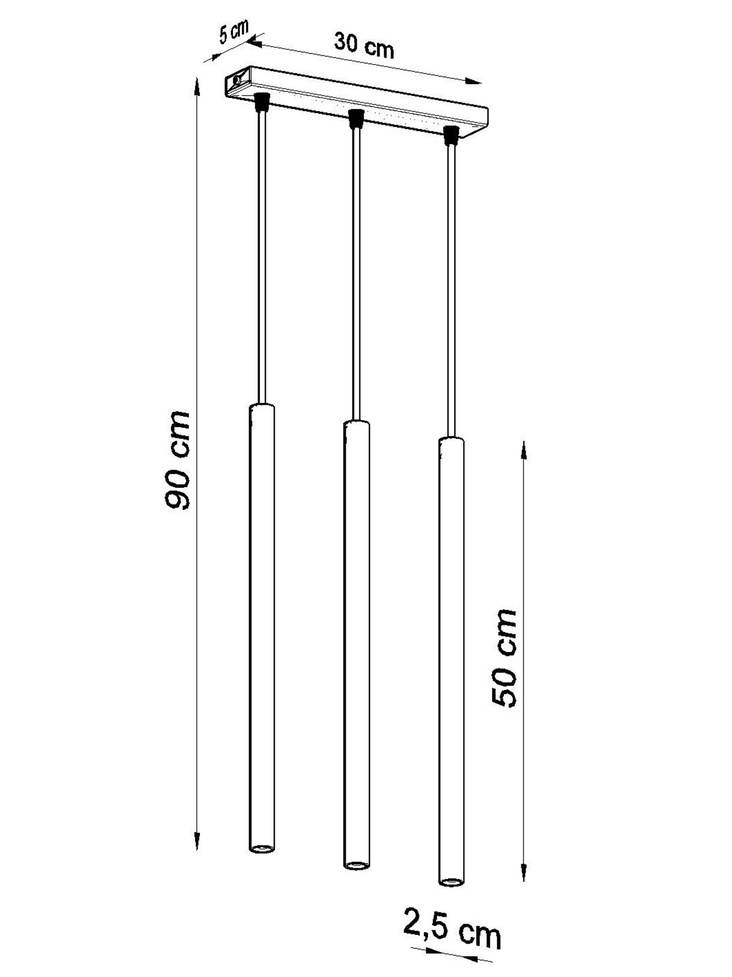 Rysunek techniczny z długościami zawieszenia dla lampy pionowej Rysunek techniczny z długościami zawieszenia dla lampy pionowej