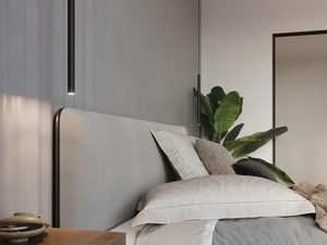 Miniaturka 11 - Pokój z wiszącą czarną lampą pionową przy łóżku, styl minimalistyczny