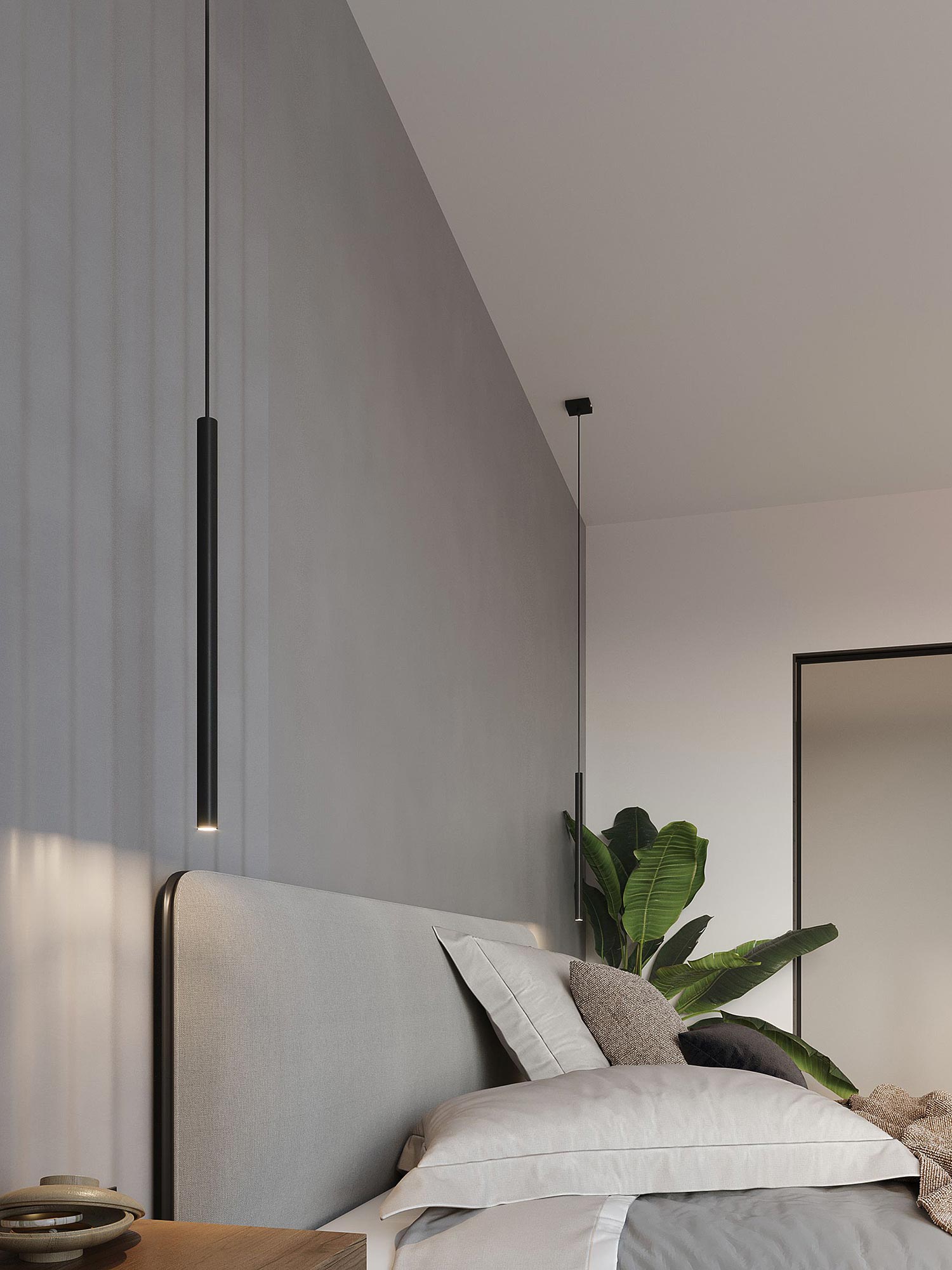 Pokój z wiszącą czarną lampą pionową przy łóżku, styl minimalistyczny Pokój z wiszącą czarną lampą pionową przy łóżku, styl minimalistyczny