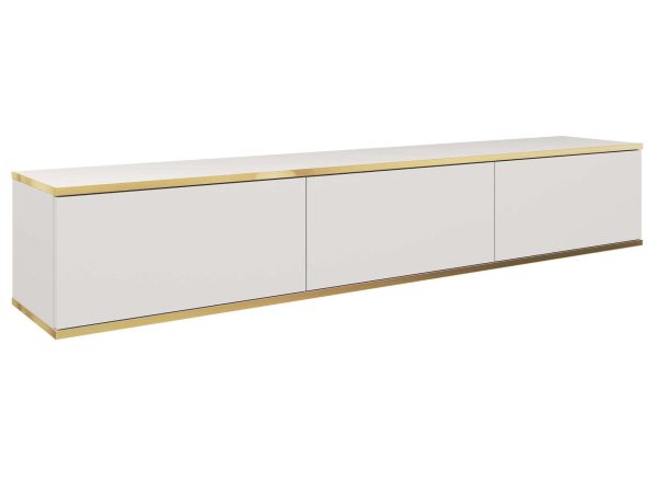 Minimalistická bílá TV skříňka z ozdobnou zlatou rámečkem