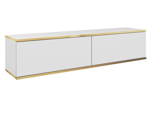 Bílá minimalistická TV skříňka z frezowaniem a zlatým akcentem