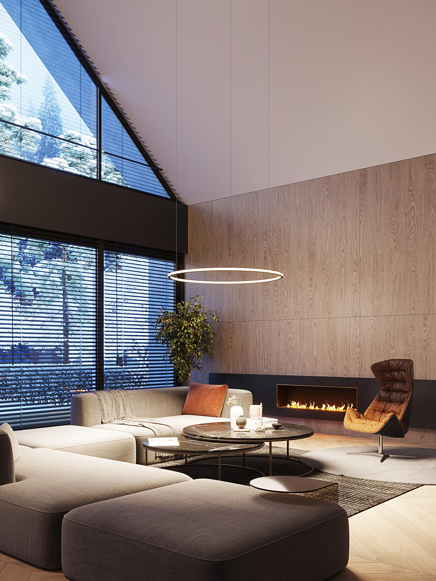 Nowoczesny salon z okrągłym żyrandolem LED i dużymi oknami Nowoczesny salon z okrągłym żyrandolem LED i dużymi oknami