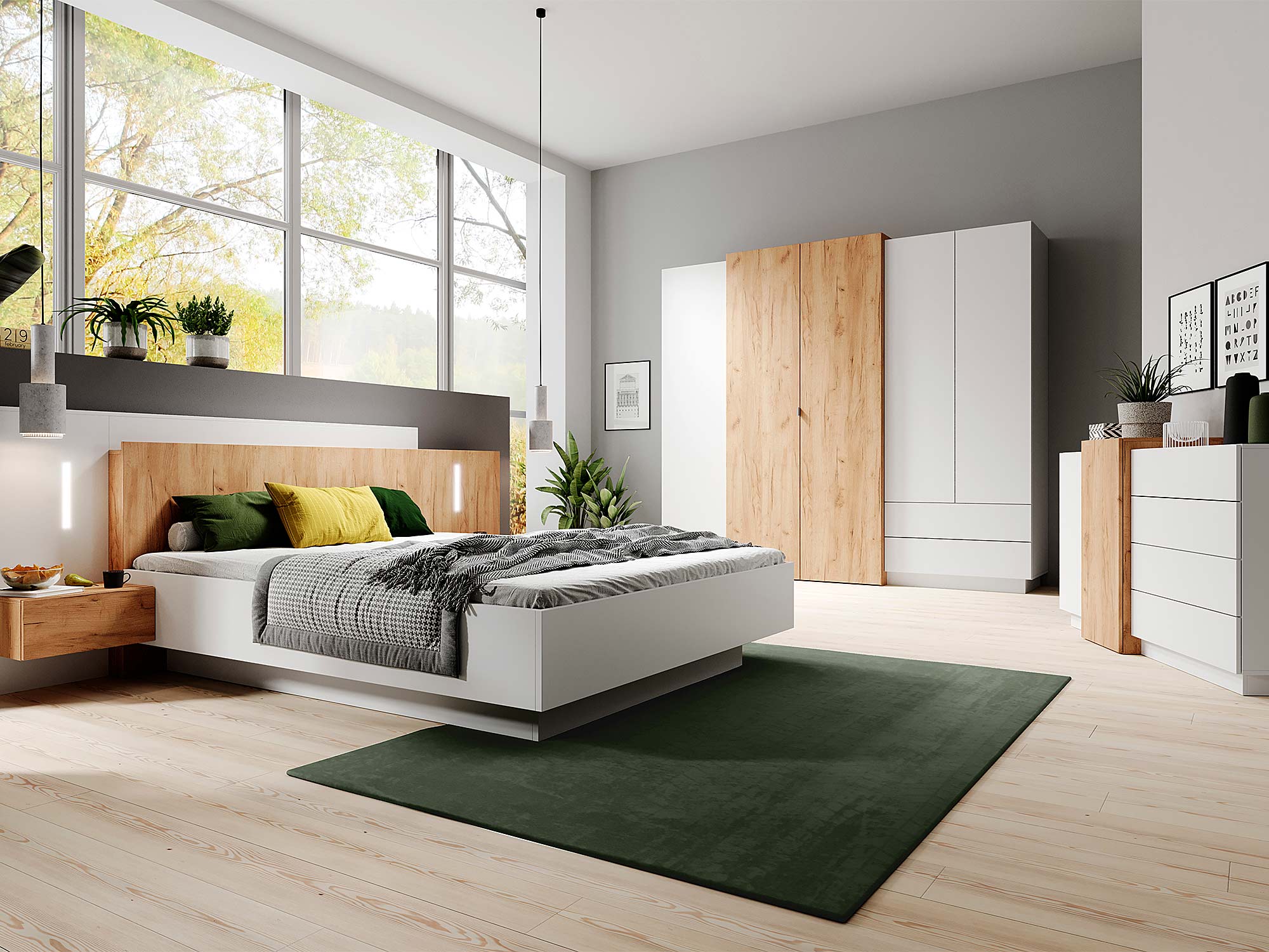 Aranżacja sypialni z białymi meblami i drewnianym łóżkiem