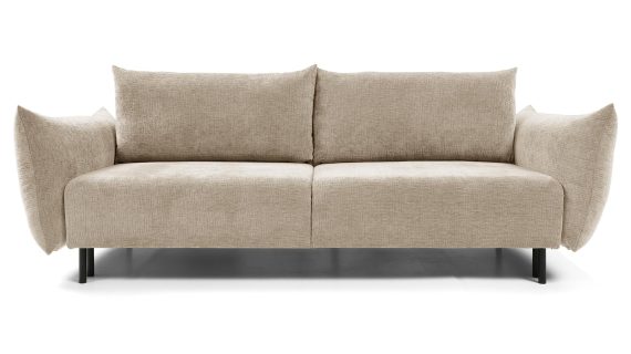 Miniaturka 1 - Beżowa sofa tapicerowana z miękkimi poduszkami w stylu minimalistycznym