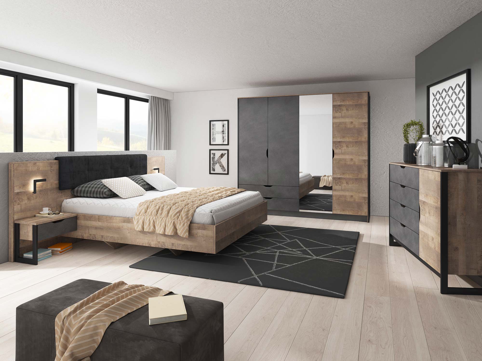 Aranżacja sypialni z dużym drewnianym łóżkiem i nowoczesnymi meblami Aranżacja sypialni z dużym drewnianym łóżkiem i nowoczesnymi meblami