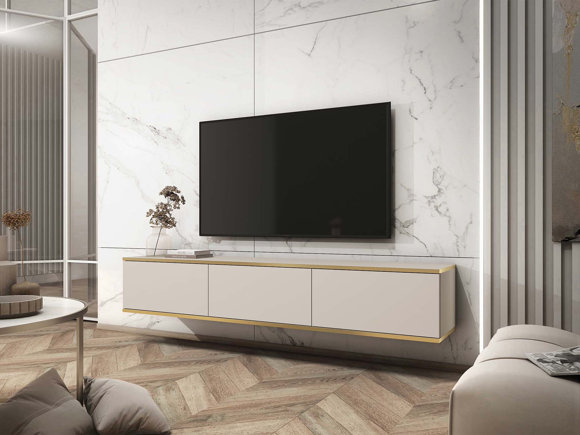 Frezowana beżowa szafka RTV na ścianie w nowoczesnym minimalistycznym salonie Frezowana beżowa szafka RTV na ścianie w nowoczesnym minimalistycznym salonie